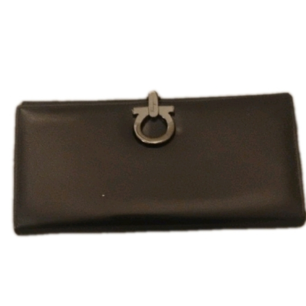 Authentic Salvatore Ferragamo Black Wallet Women Silver Tone Hardware